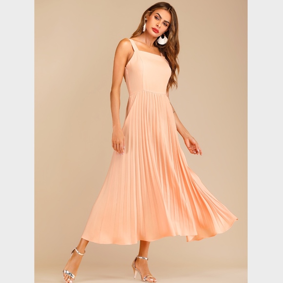 Salmon Pink Pleated Fit and Flared Long Dress - Picture 2 of 8